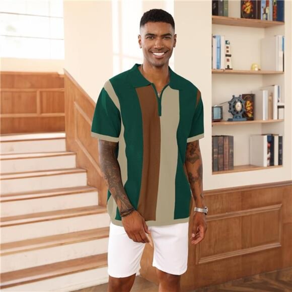 Men's Fashion Polo Shirts Vintage Striped Green - Picture 4 of 6